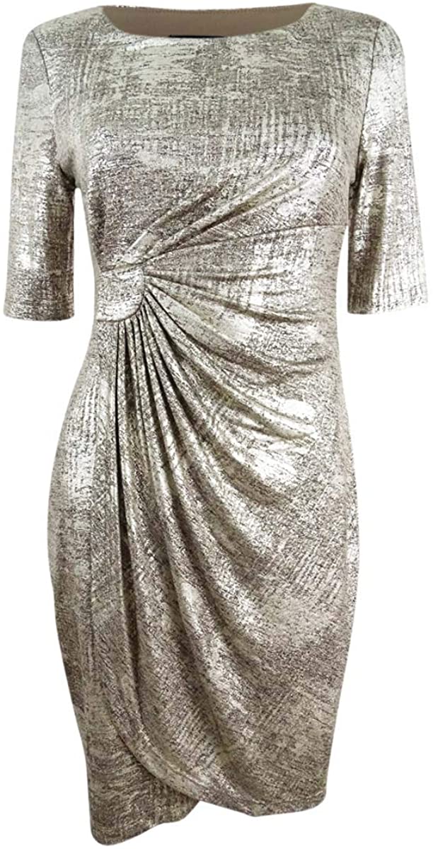 Price:$19.97 Connected Women's Petite Metallic Faux-Wrap Dress at Amazon Women’s Clothing store