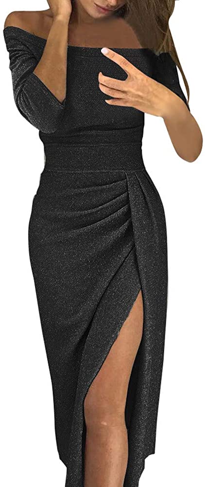 Price:$0.80    WOCACHI Dresses for Womens, Women Off Shoulder High Slit Bodycon Dress Long Sleeve Dresses  Clothing