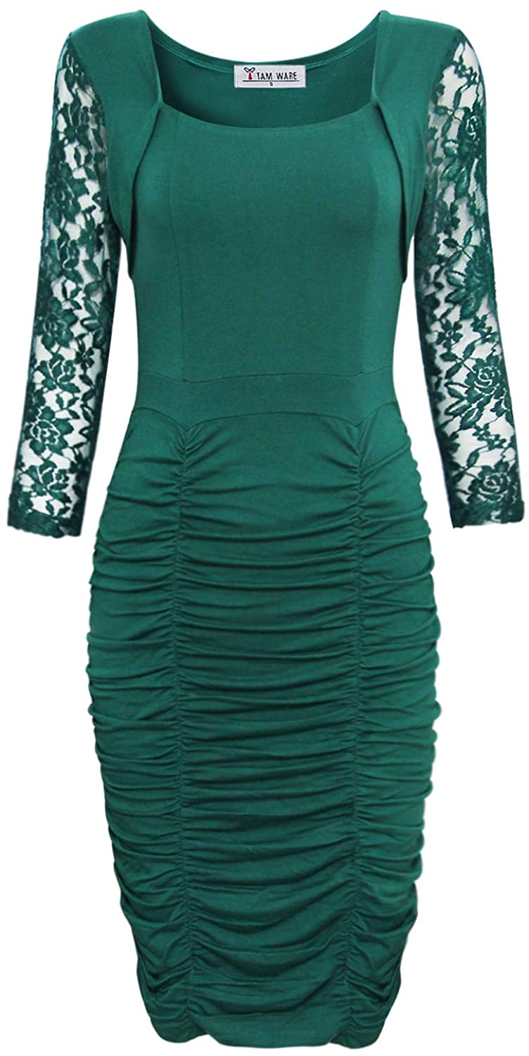 Price:$17.99    TAM WARE Womens Elegant Lace Long Sleeve Ruched Bodycon Midi Dress  Clothing