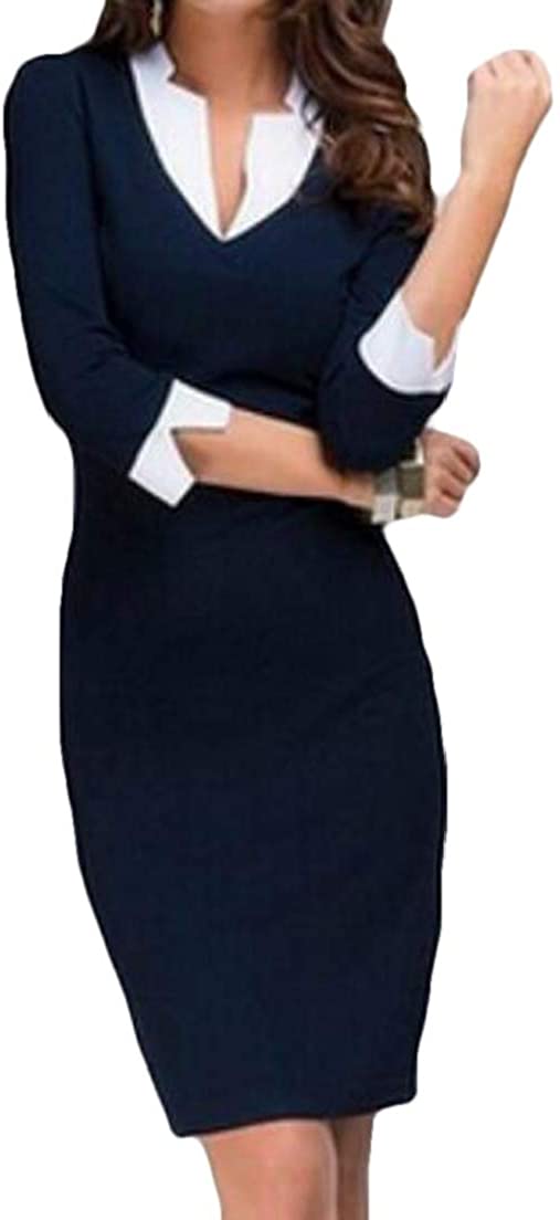 Price:$2.10 CRYYU Women Pencil 3/4 Sleeve Vintage Business Bodycon Midi Splicing Dress at Amazon Women’s Clothing store