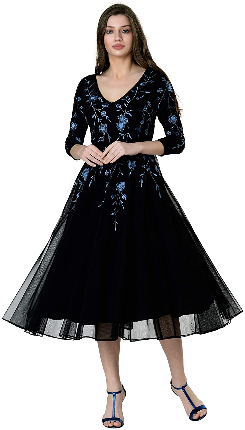 Price:$109.95    eShakti FX Floral Embellished Cotton Knit and Tulle Dress Black/Light Blue  Clothing
