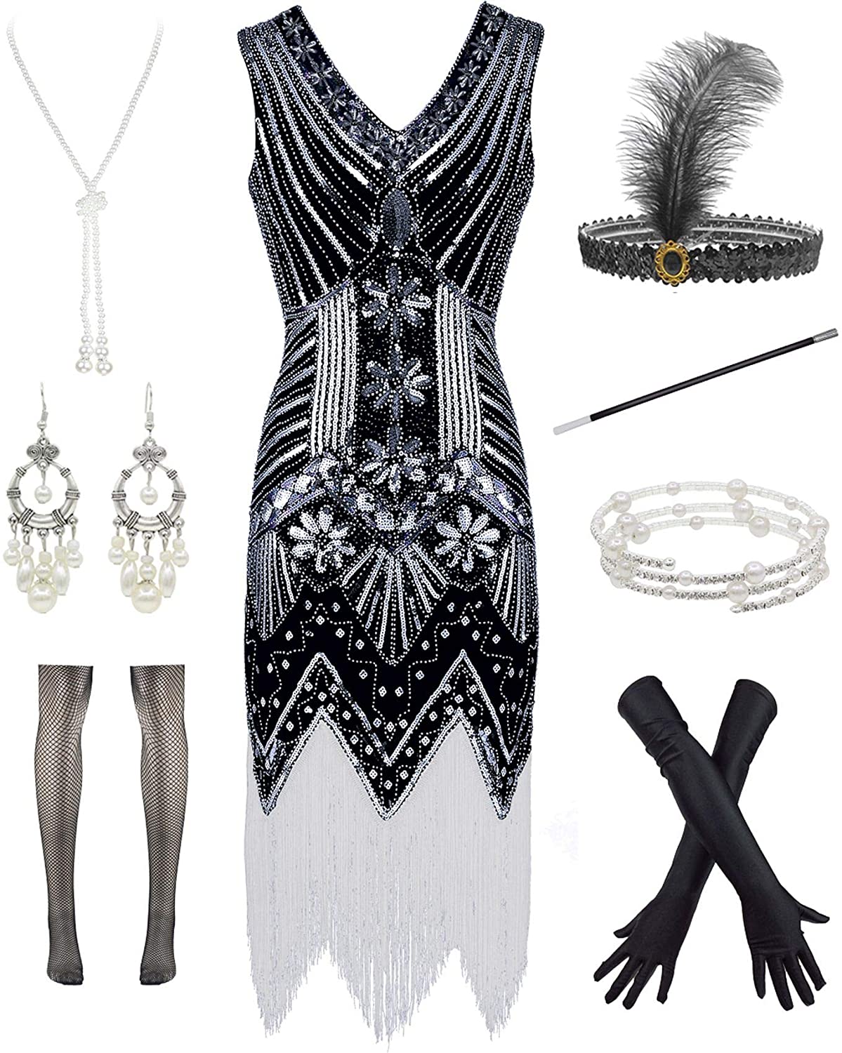 Price:$40.90    1920s Gatsby V Neck Flapper Fringed Dress for Cocktail W/ 20s Feather Accessories  Clothing