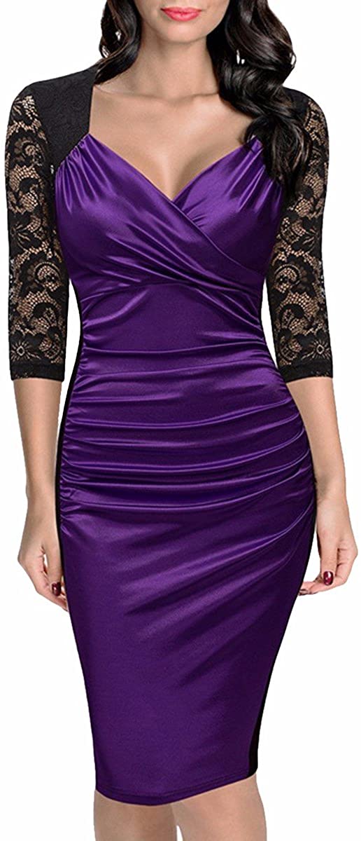 Price:$20.99    Samtree Women's V-Neck 3/4 Sleeves Lace Floral Cocktail Party Work Ruffles Sheath Dress  Clothing