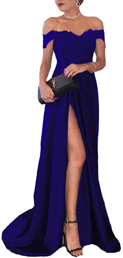 Price:$106.99 Lemai Off Shoulder V Neck Front Slit Long Lace Prom Formal Evening Party Dresses at Amazon Women’s Clothing store