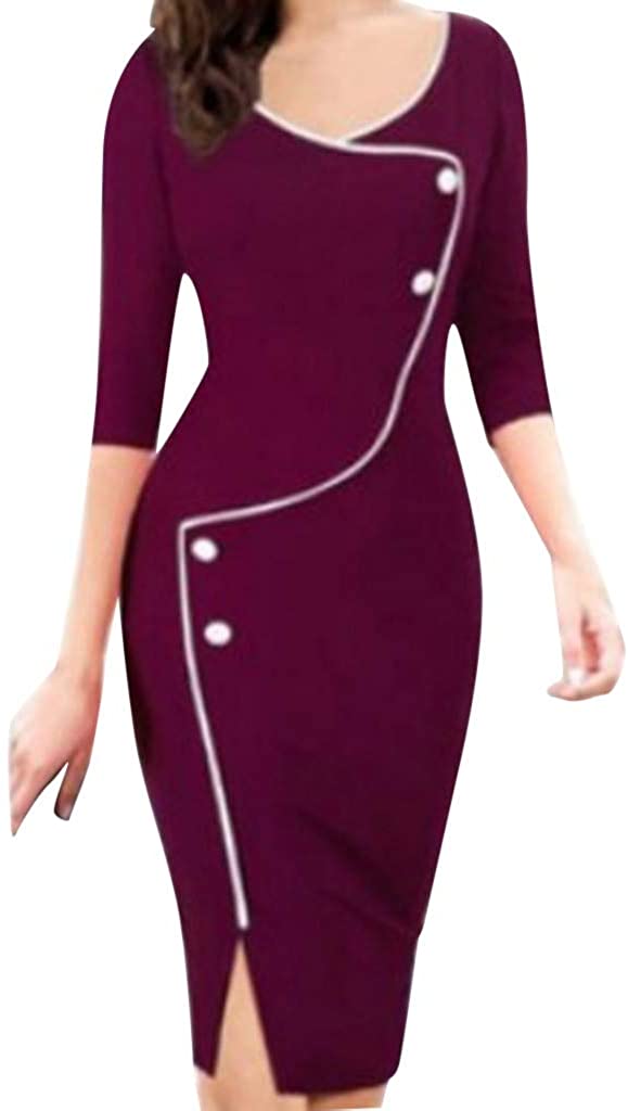 Price:$6.25 Dunacifa Women Dresses Fashion O-Neck Vintage Slim Women Solid Color Panel Dress Ladies Party Casusal Cocktail Dress at Amazon Women’s Clothing store
