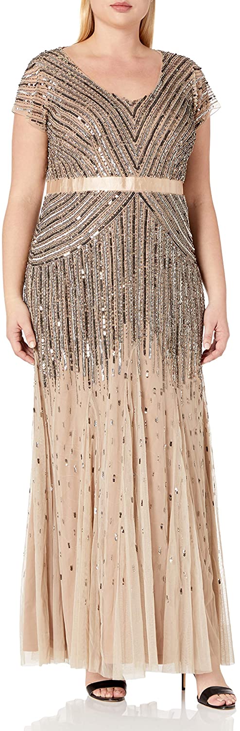 Price:$348.55 Adrianna Papell Women's Plus Size Floor Length Beaded Cap Sleeve V-Neck Dress at Amazon Women’s Clothing store