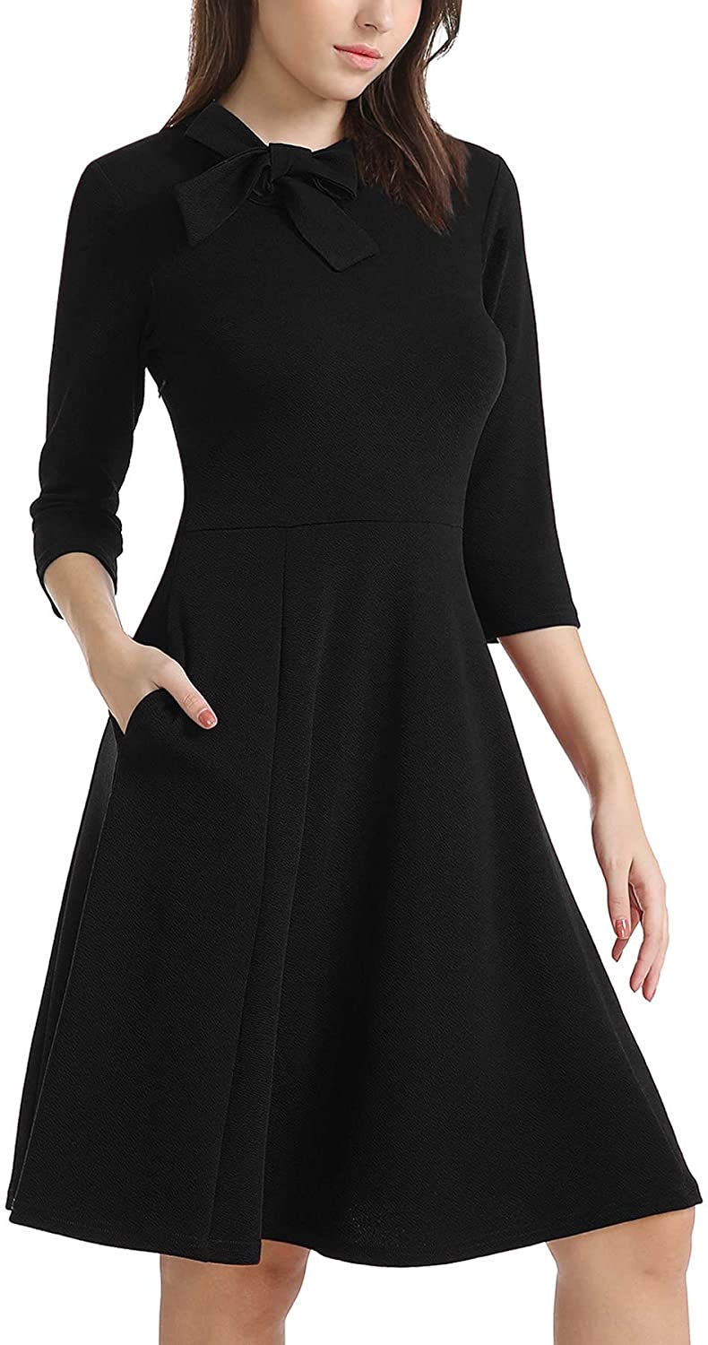 Price:$25.99    interight 1950s Dresses for Women with Pockets and Bow Tie Neck for Vintage Black Cocktail Midi Dress  Clothing
