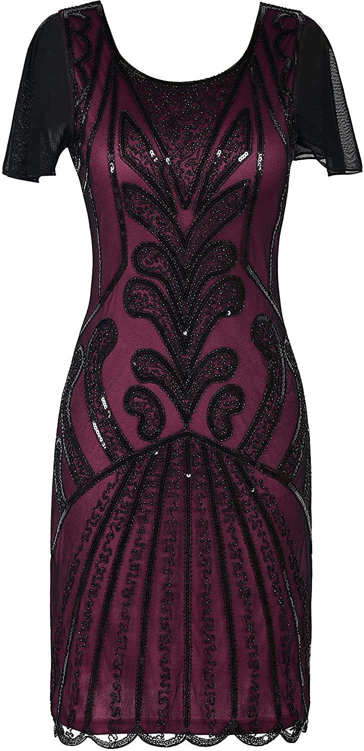 Price:$39.99    PrettyGuide Women's Flapper Dress 1920s Bead Sequin Cocktail Gatsby Dress with Sleeve S Burgundy  Clothing