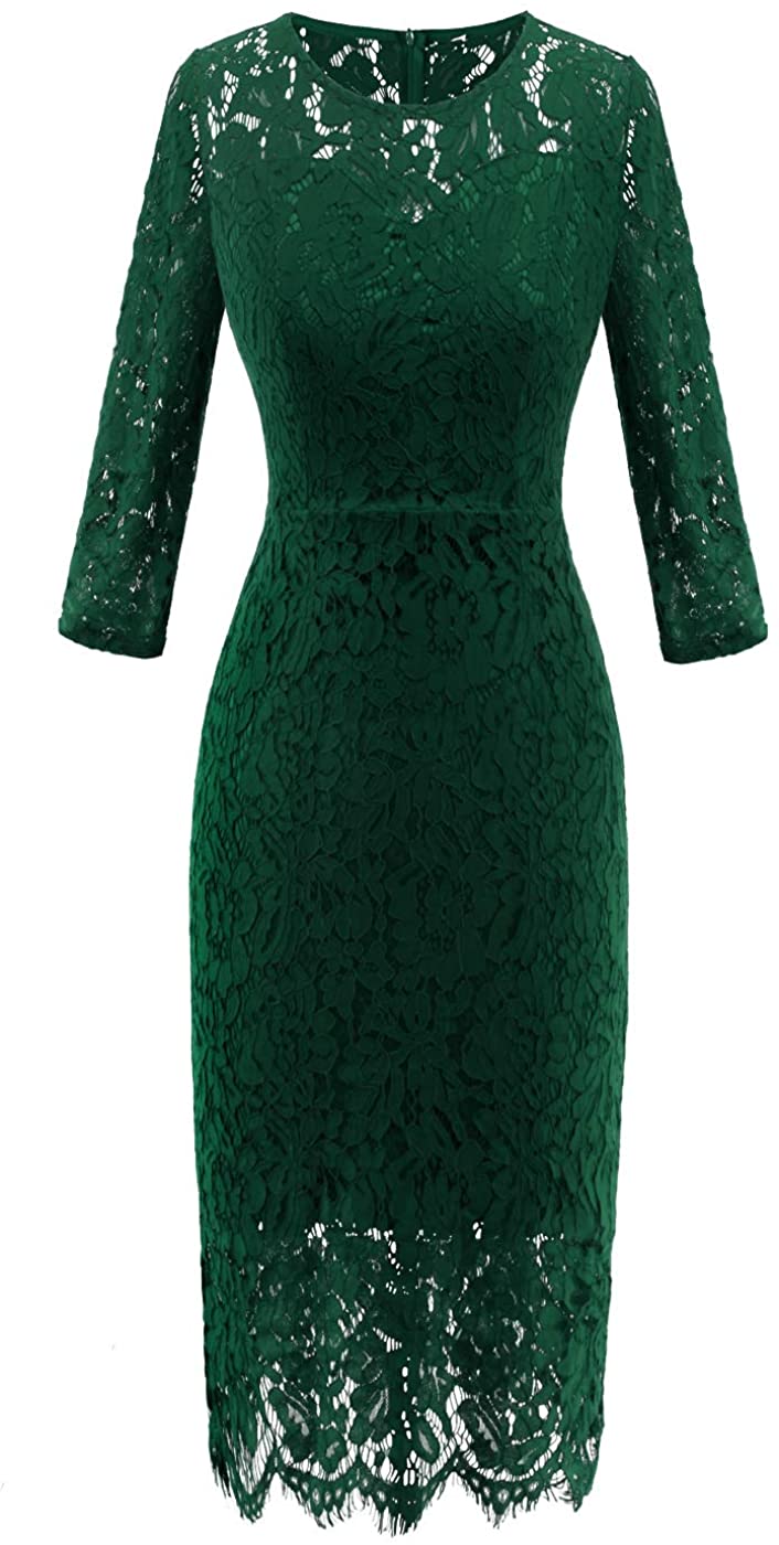 Price:$28.99    FAIRY COUPLE Womens Knee Length Slim Lace Floral Elegant Dress Formal Evening Party DL035(S,Green)  Clothing