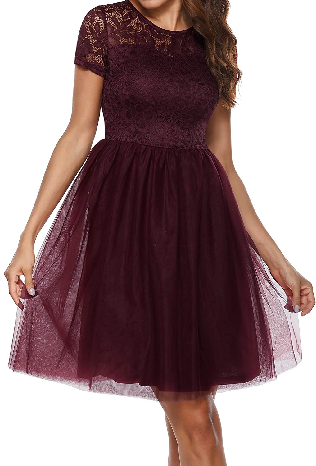 Price:$28.99    MODECRUSH Womens Floral Lace Tulle Cocktail Party Short Sleeve Prom Dress  Clothing