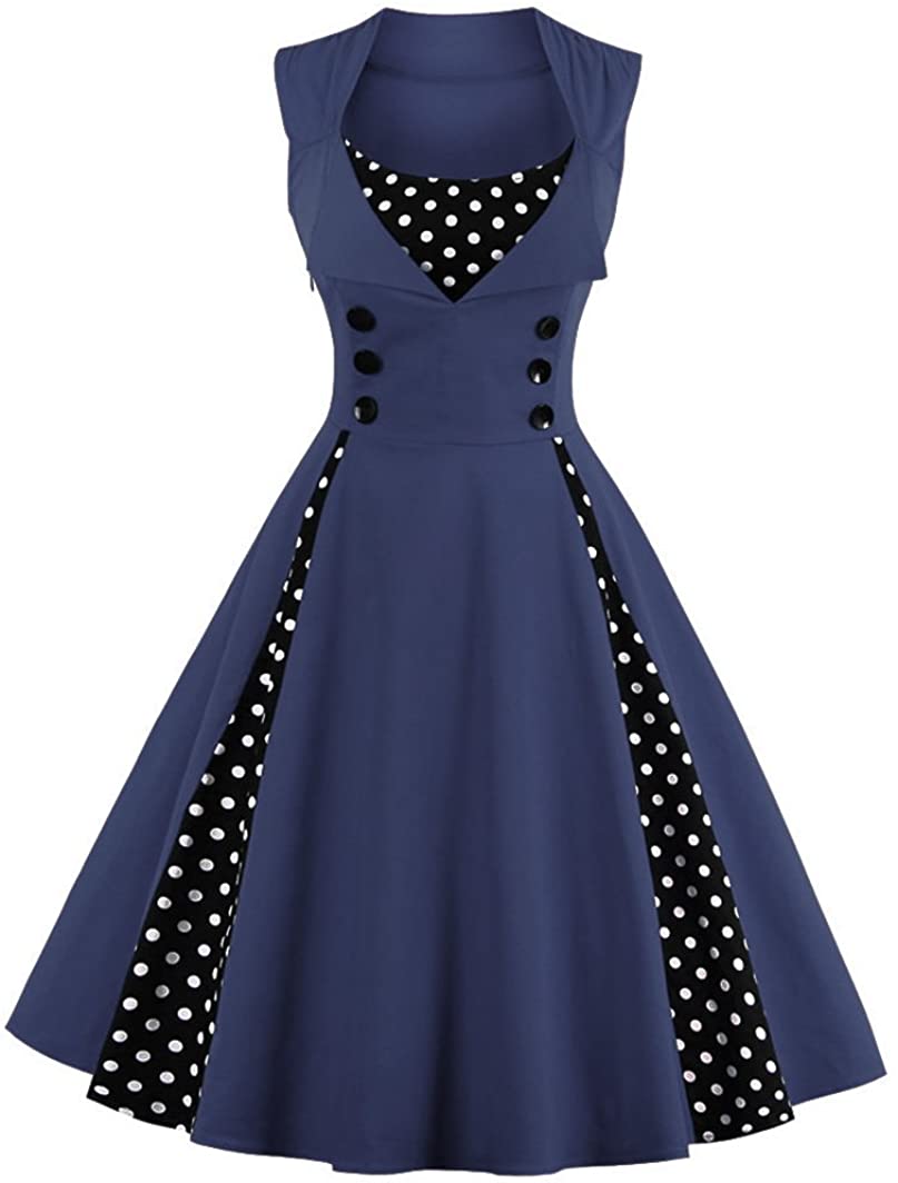 Price:$19.99    Nihsatin Women's Sleeveless Polka Dot Retro Vintage Style Cocktail Party Swing Audrey Dress  Clothing