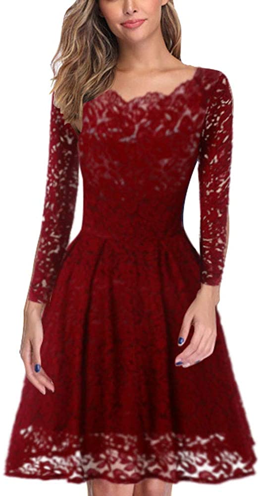 Price:$19.99 Beauty-Emily Women's 1950s Vintage Lace Dress Long Sleeve Short Formal Slim Cocktail Dress at Amazon Women’s Clothing store