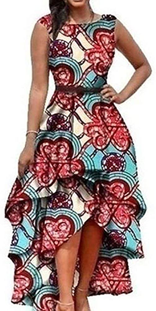 Price:$29.99 Yeshire Womens African Print Sleeveless High Low Dashik Formal Prom Peplum Flare Midi Party Dress at Amazon Women’s Clothing store