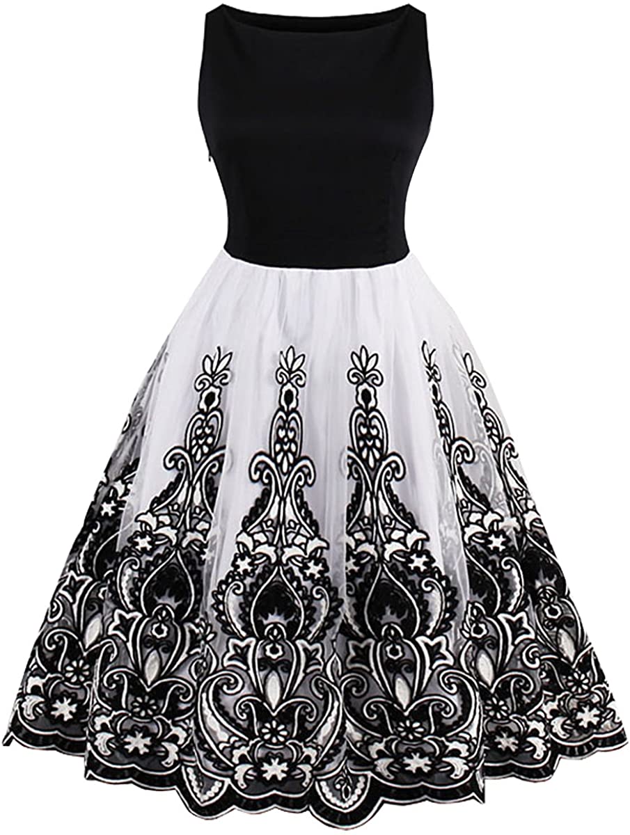 Price:$19.99 KILLREAL Women's Vintage Sleeveless Floral Organza Cocktail Homecoming Dress at Amazon Women’s Clothing store