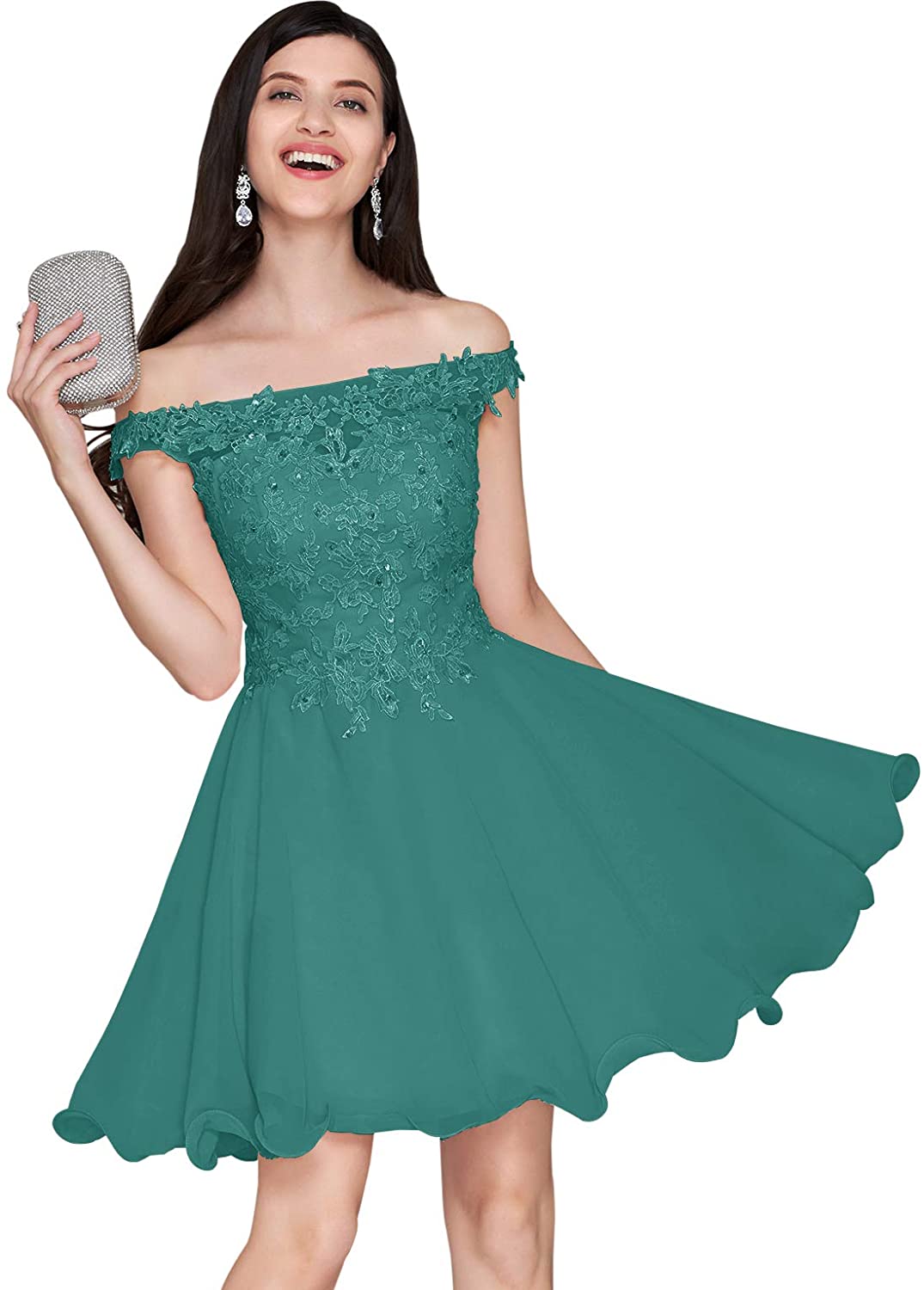 Price:$69.90    Women's Off The Shoulder Chiffon Homecoming Dress Short Party Dresses Lace Bodice Teal Size 16  Clothing