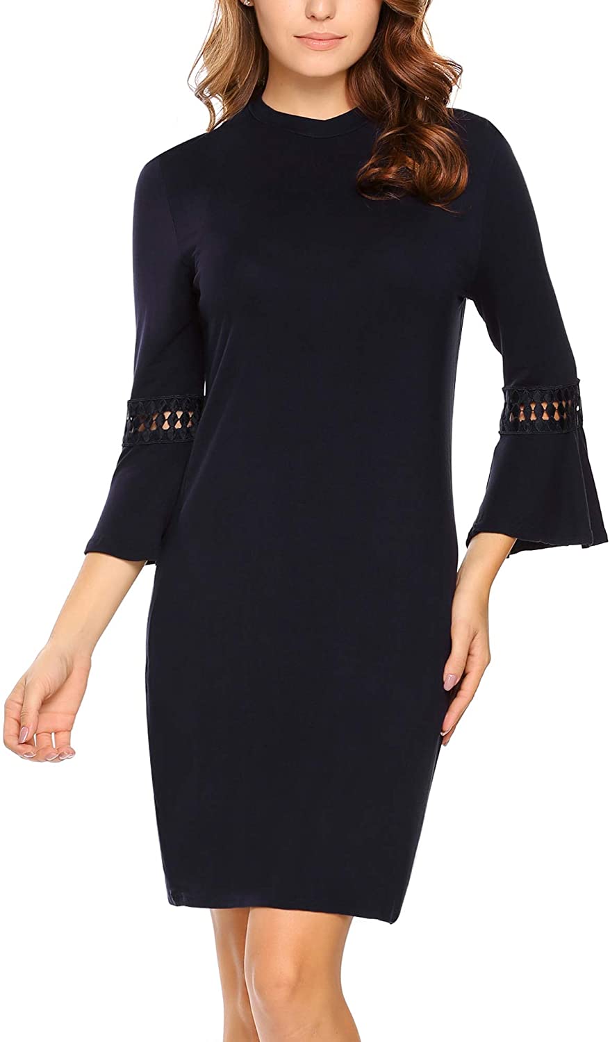 Price:$13.99    Zeagoo Women 3/4 Flare Bell Sleeve Lace Solid Loose T-Shirt Shift Dress  Clothing