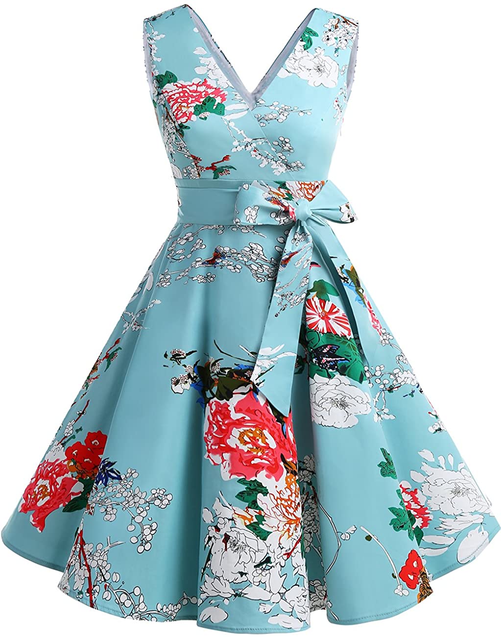 Price:$12.99    DRESSTELLS Vintage 1950s Solid Color V Neck Retro Swing Dress with Bow Tie  Clothing