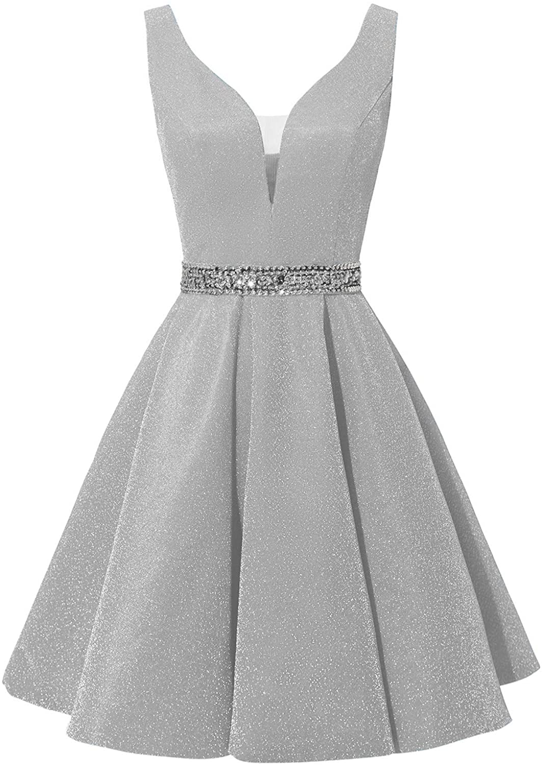 Price:$74.99    Yexinbridal Short Beaded Prom Dress V-Neck Glitter Homecoming Party Evening Gowns Silver 10  Clothing