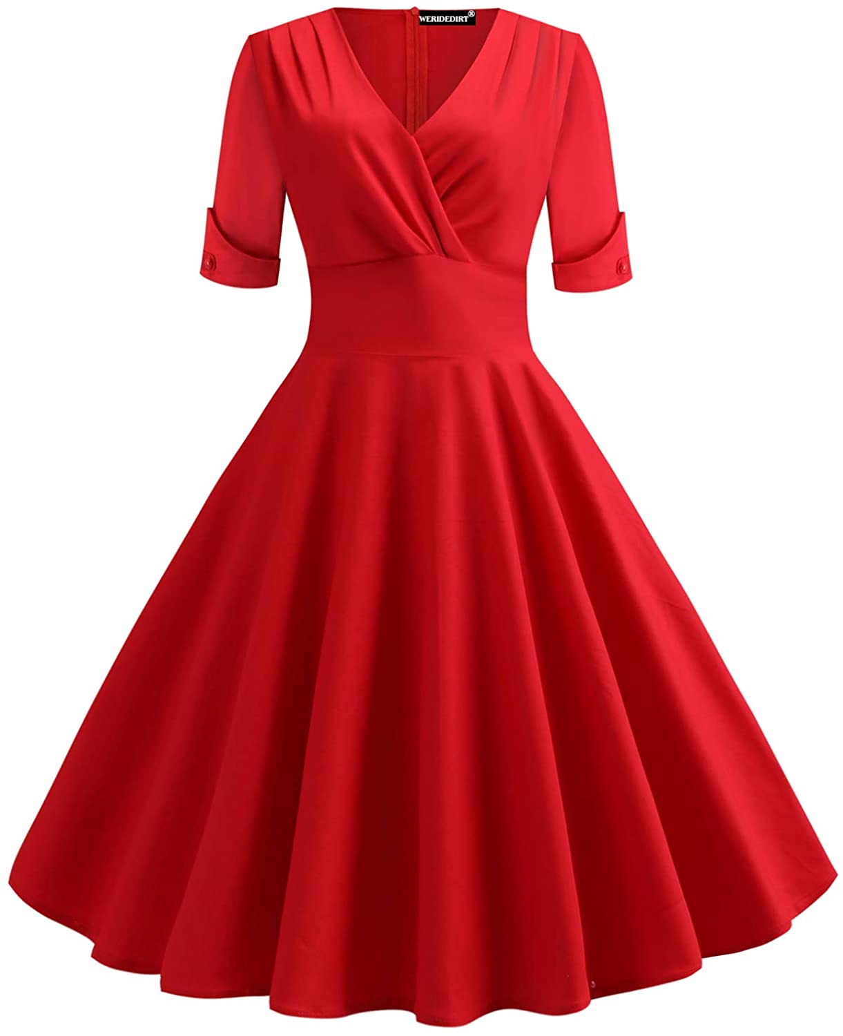 Price:$25.99    Women's 1950s Vintage Deep V Neck Half Sleeve Retro Cocktail Swing Dress (Red, M)  Clothing
