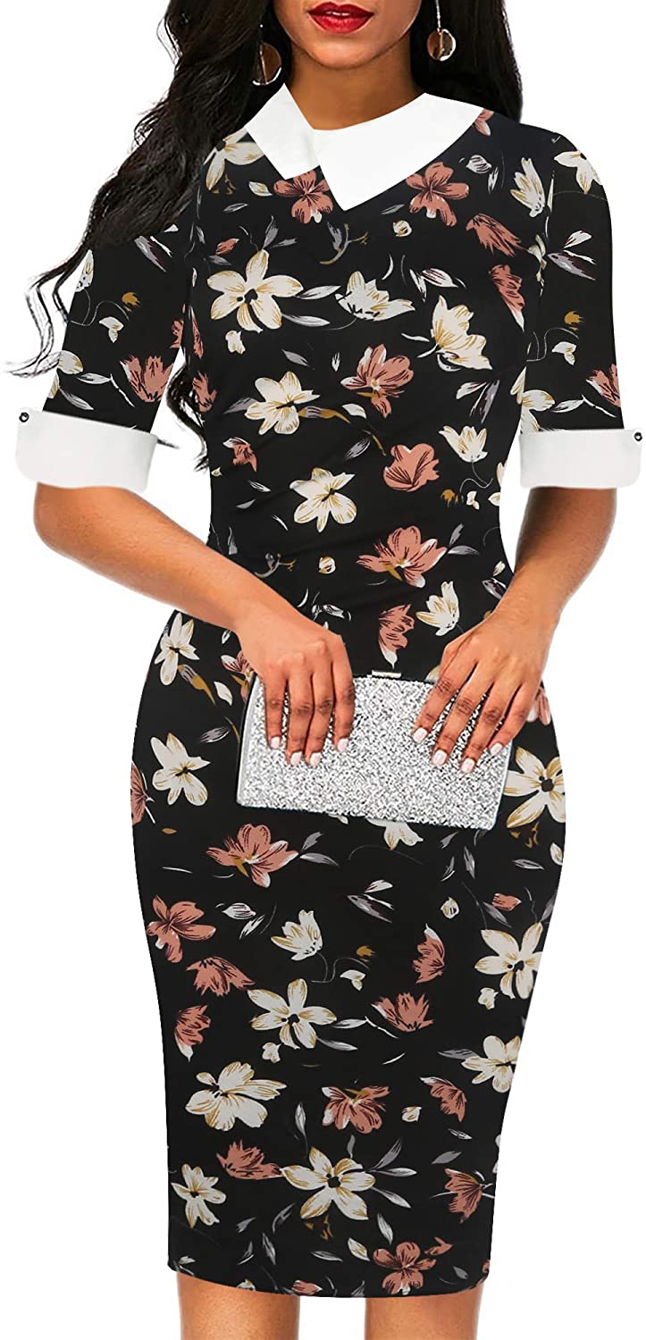 Price:$19.99 Sakaly Women's Slim Fit Plaid Floral Printed Half Sleeve Formal Body-con Dress Pencil Dresses SK276 at Amazon Women’s Clothing store