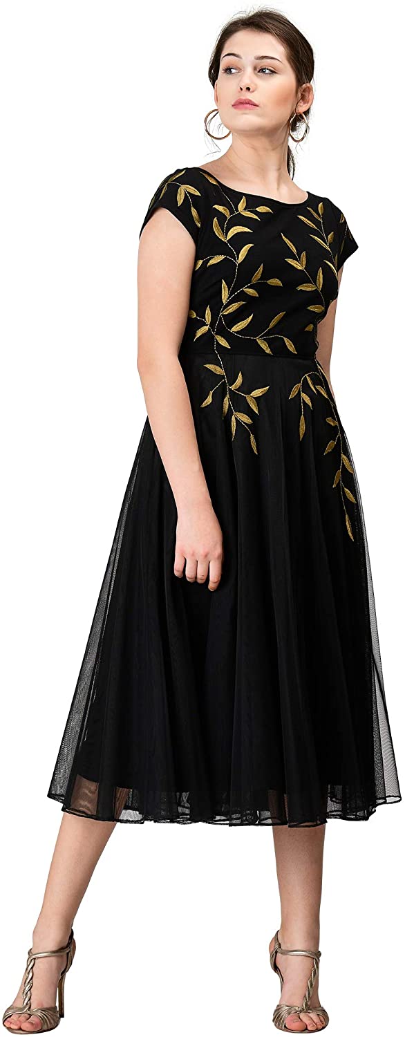Price:$99.95    eShakti FX Floral Embellished Cotton Knit and Tulle Dress - Customizable Neckline, Sleeve  Clothing