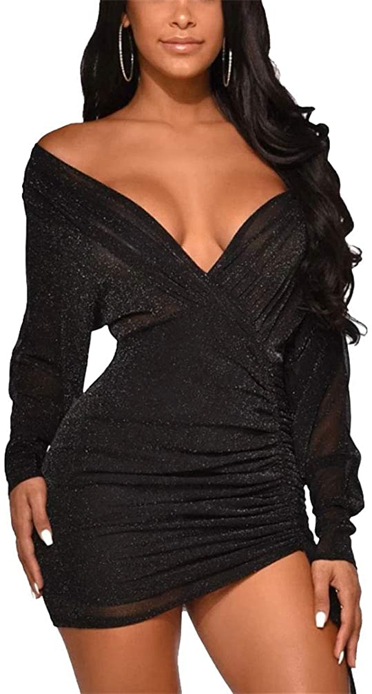 Price:$24.99 OLUOLIN Women's Sexy V Neck Sparkle Glitter Sheer Mesh Bodycon Ruched Drawstring Long Sleeve Evening Party Dress at Amazon Women’s Clothing store