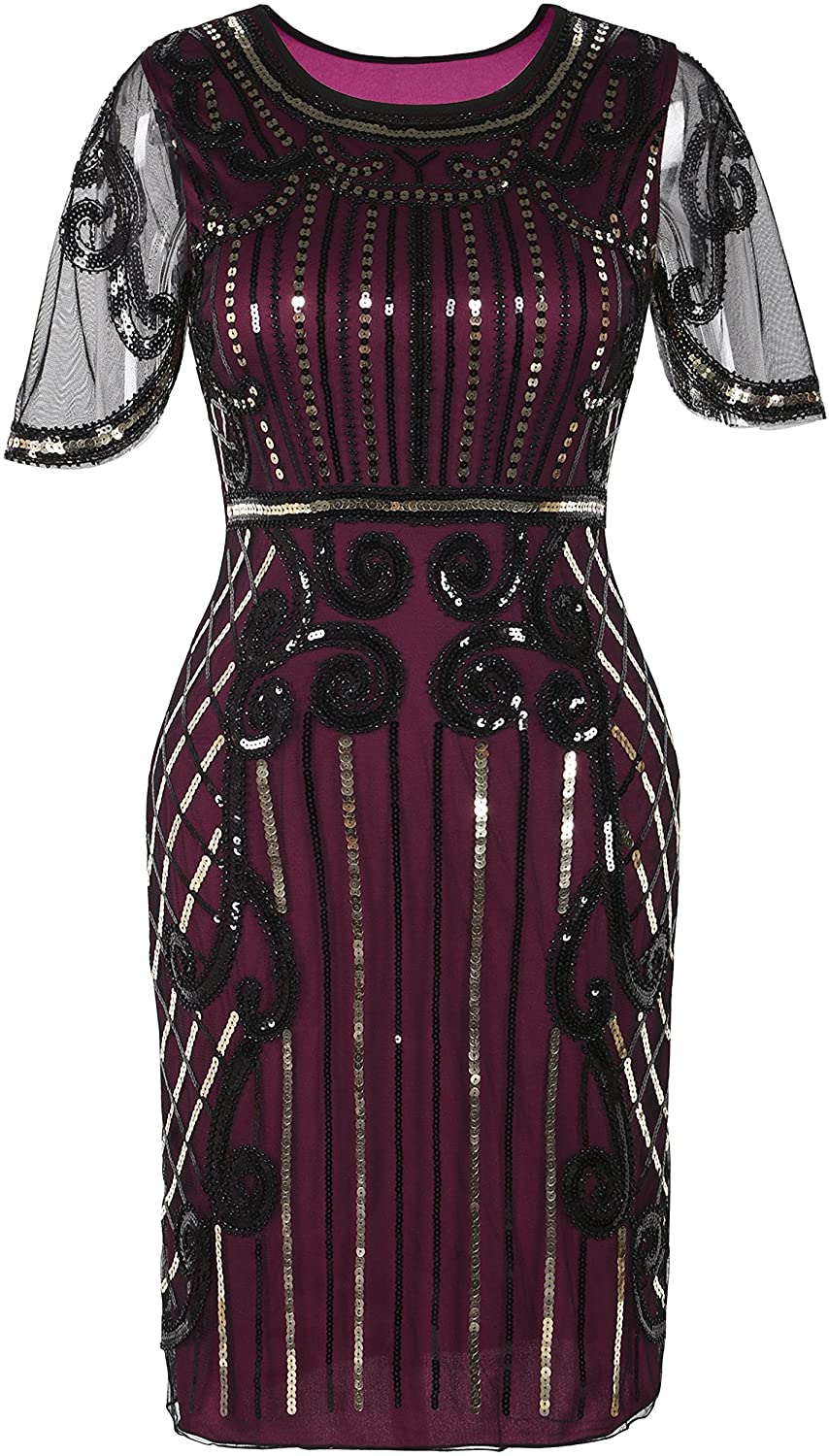Price:$26.99    PrettyGuide Women's Gatsby Dress Vintage Inspired Flapper Dress with Sleeve M/6-8 Burgundy  Clothing