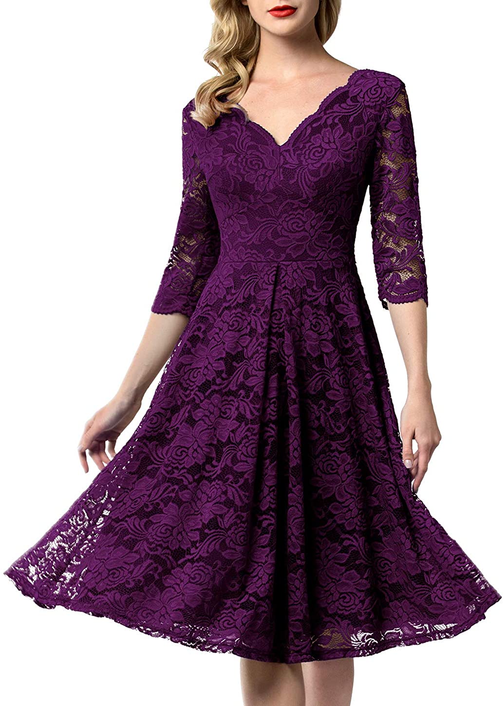 Price:$37.99    AONOUR Women's Vintage Floral Lace Bridesmaid Dress 3/4 Sleeve Wedding Party Midi Dress  Clothing