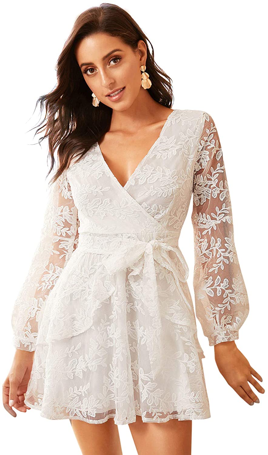 Price:$18.99 MakeMeChic Women's Contrast Lace V Neck Ruffle Hem Fringe Belted Flared Dresses at Amazon Women’s Clothing store