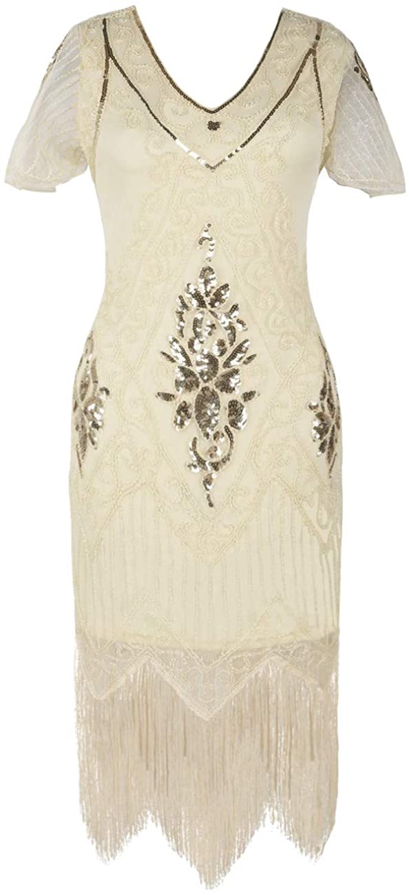 Price:$45.99    kayamiya 1920s Gatsby Dresses V Neck Inspired Sequins Cocktail Flapper Dress M Gold Beige  Clothing