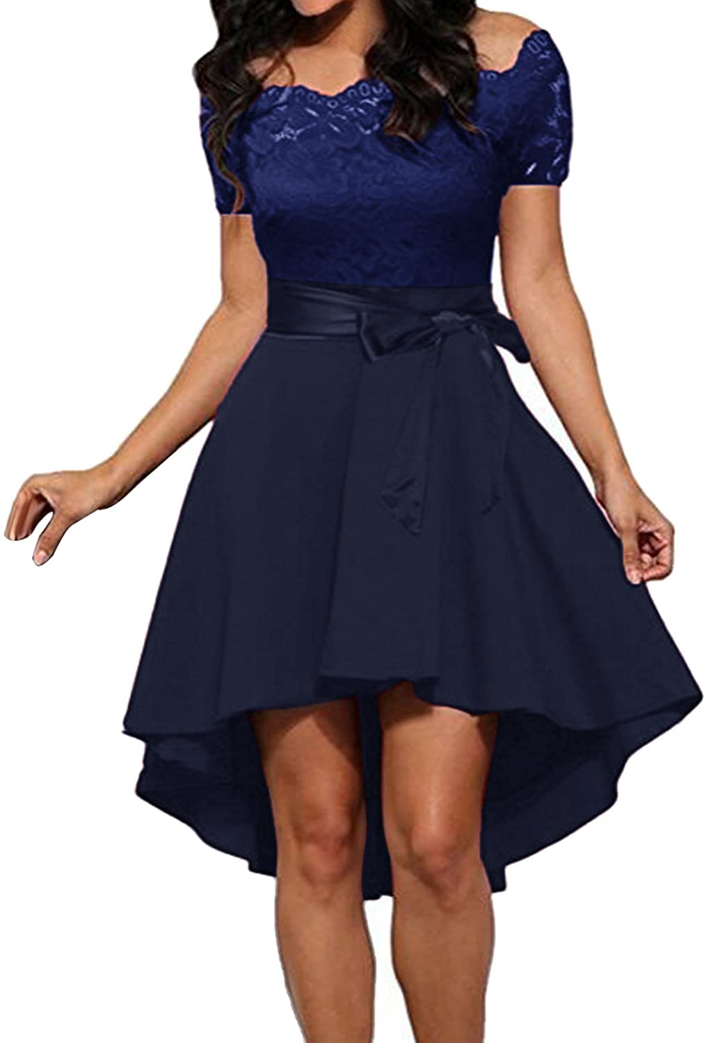 Price:$15.99    Kidsform Women's Off Shoulder Dress Lace Boat Neck Vintage Cocktail Party Wedding Dresses  Clothing