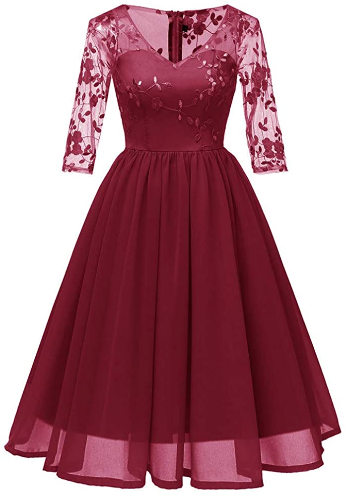 Price:$14.15    Women Dresses Vintage Scoop Neck Floral Lace 3/4 Sleeve Pleated Wing Cocktail Dress (2XL, Wine)  Clothing