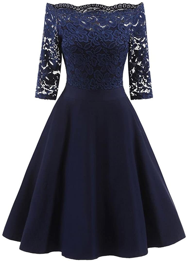 Price:$25.59 Yoyorule Women A Word Collar Lace Patchwork Off Shoulder Cocktail Party Vintage Swing Dress at Amazon Women’s Clothing store