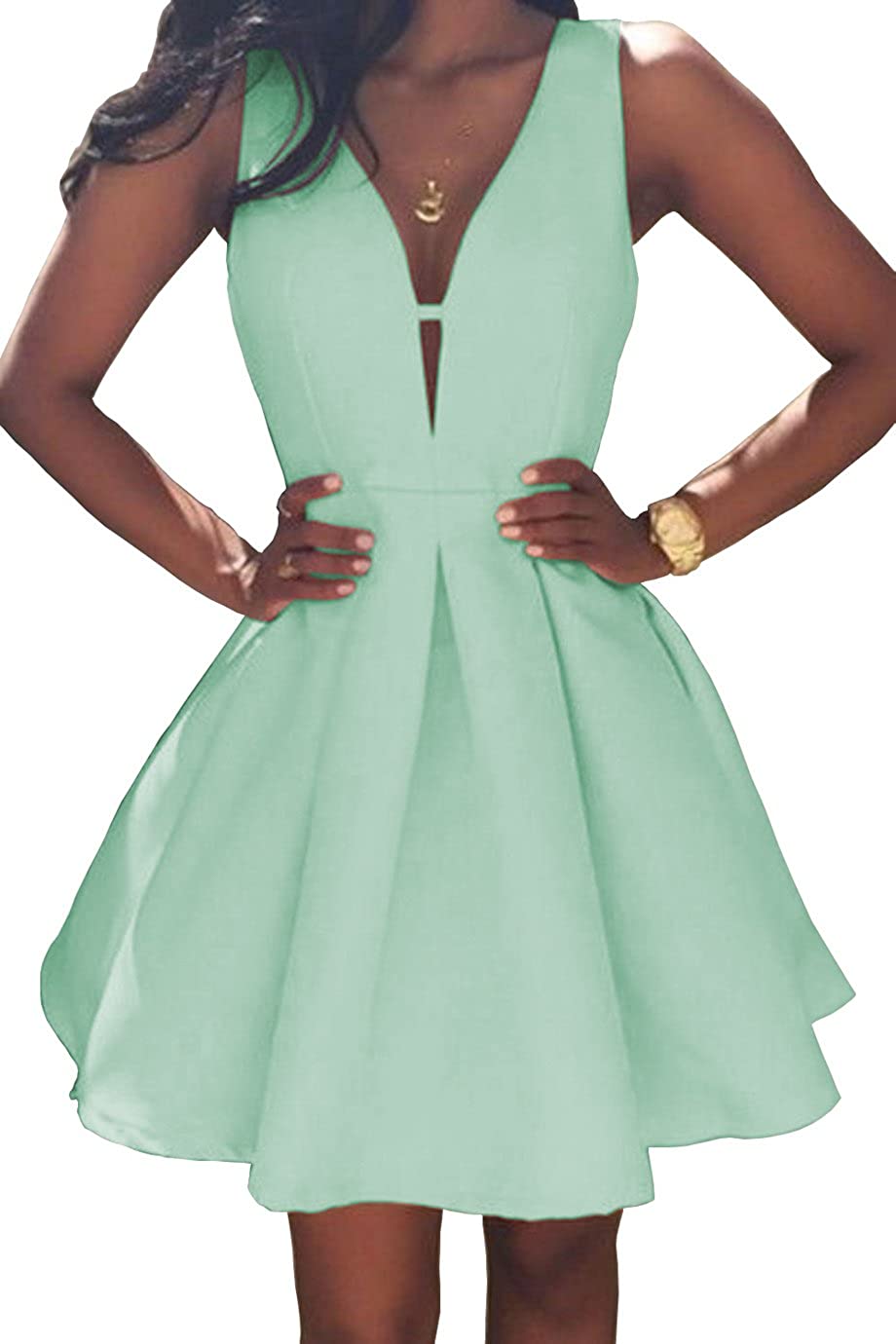 Price:$66.99    YORFORMALS Women's V-Neck A-line Satin Short Homecoming Dress Evening Ball Gown with Ruched Skirt Size 8 Mint Green  Clothing