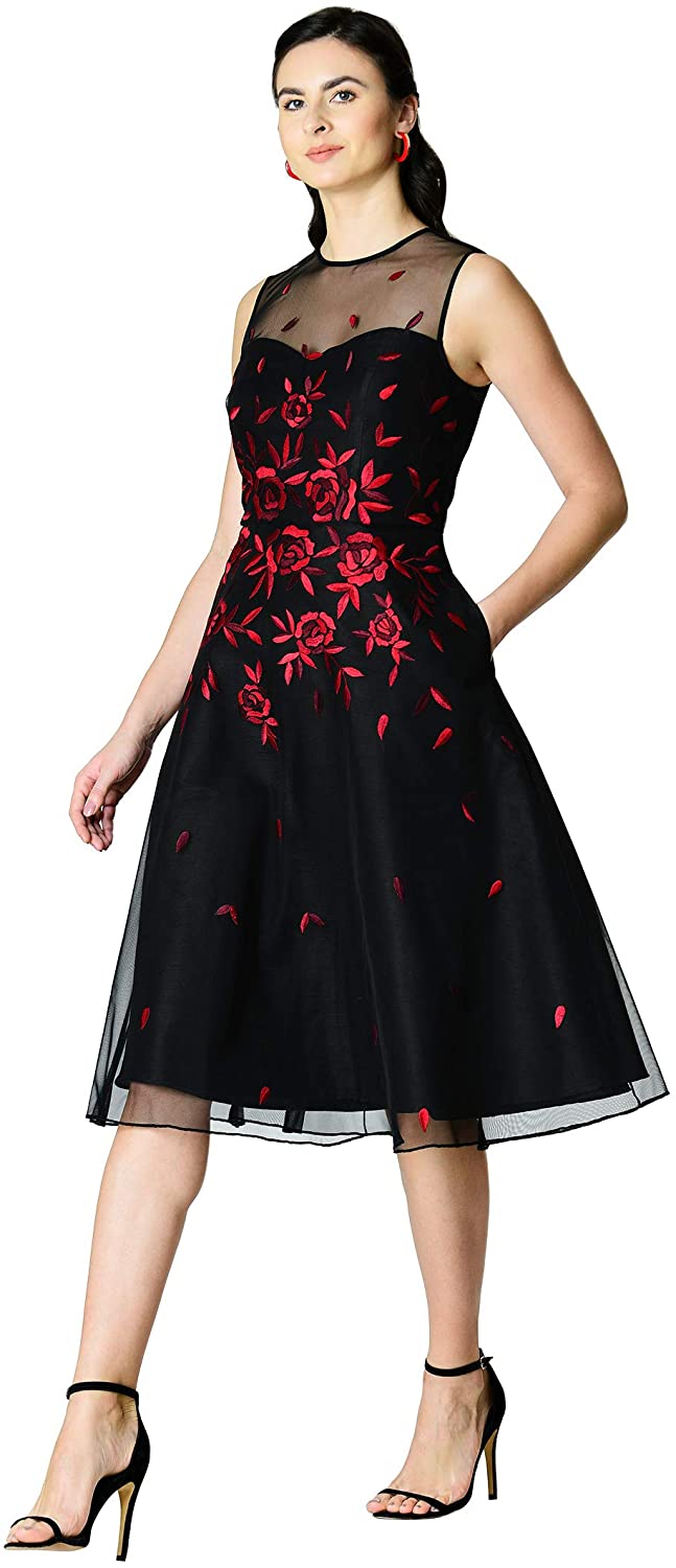 Price:$89.95    eShakti FX Illusion Tulle Rose Embellished Dupioni Dress Black/red/Wine  Clothing