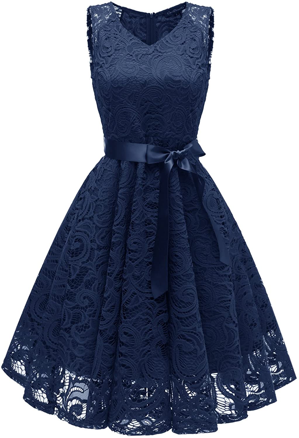 Price:$19.90 EvoLand Womens Lace Sleeveless Bridesmaid Party Short Prom Dress V Neck at Amazon Women’s Clothing store