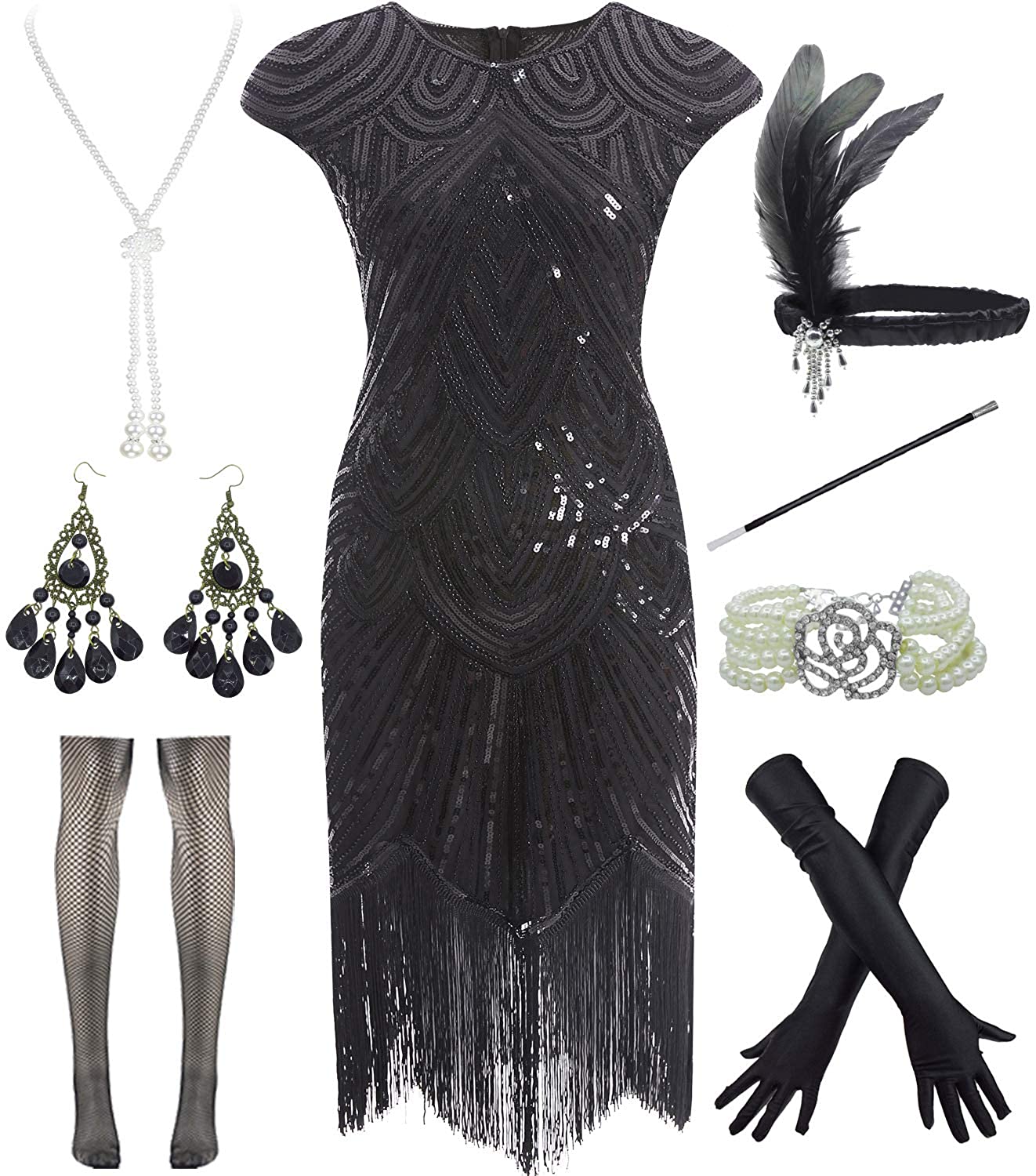 Price:$43.99 Women Plus Size 1920s Vintage Flapper Fringe Gatsby Party Dress with 20s Accessories Set at Amazon Women’s Clothing store