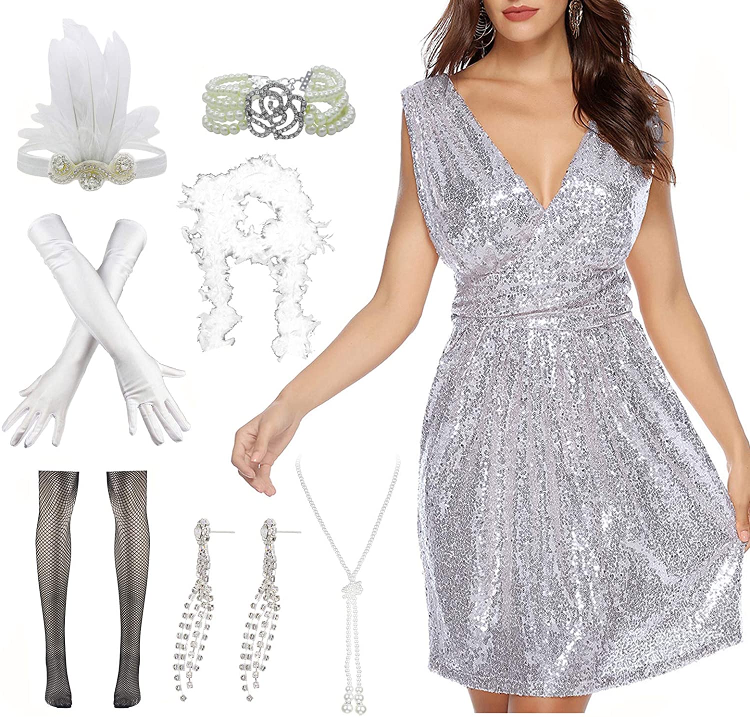 Price:$41.99 Women 1920s Off Shoulder Fringe Sequin Cocktail Prom Dress with 20s Gatsby Accessories Set at Amazon Women’s Clothing store