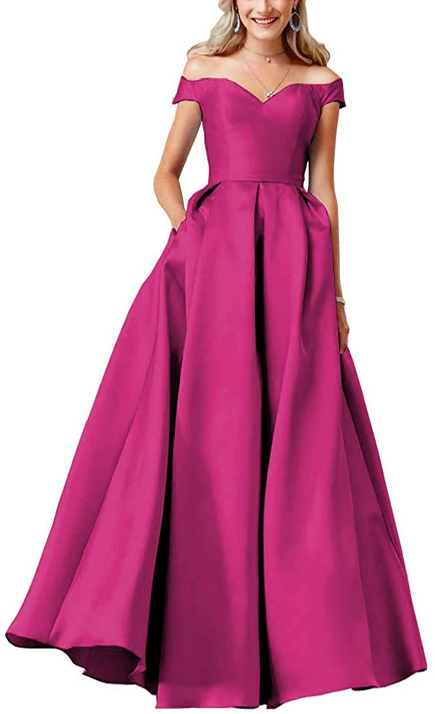 Price:$70.99    Clothfun Women's Off Shoulder Prom Dresses Evening Gowns Satin A-Line With Pockets 14 Fuchsia  Clothing