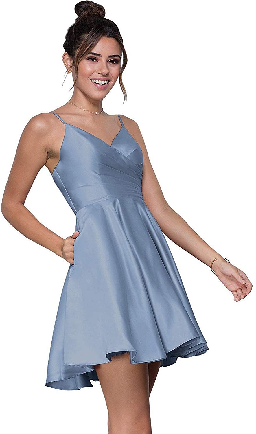 Price:$42.99 liangjinsmkj Spaghetti Straps Homecoming Dresses for Juniors V-Neck A-Line Short Prom Gowns at Amazon Women’s Clothing store