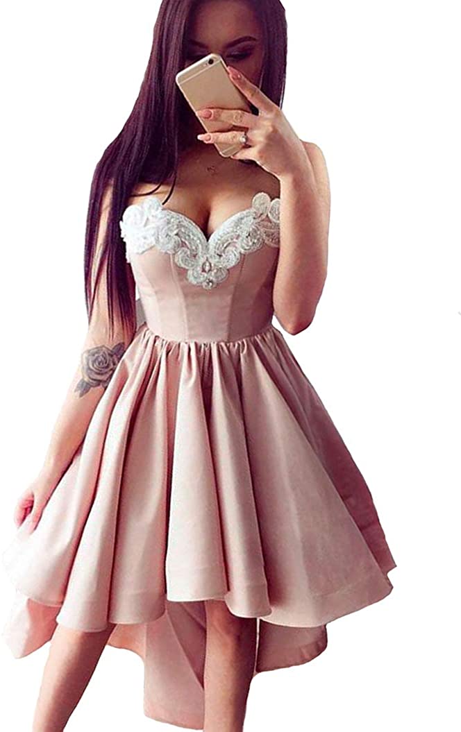 Price:$75.99    Zaozc Sweetheart High Low Satin Homecoming Dresses Lace Beaded Corset Prom Party Gowns  Clothing