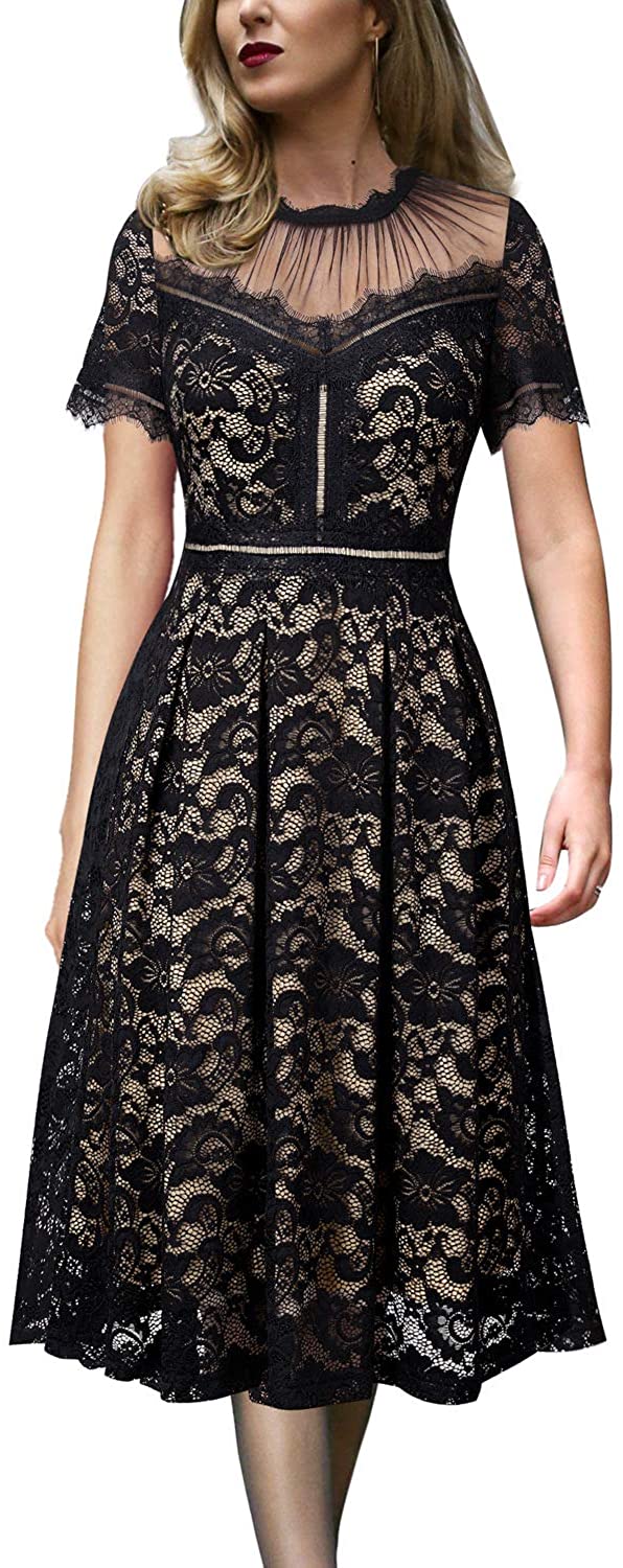 Price:$40.98    VFSHOW Womens Floral Lace Pleated Cocktail Wedding Party A-Line Midi Dress  Clothing