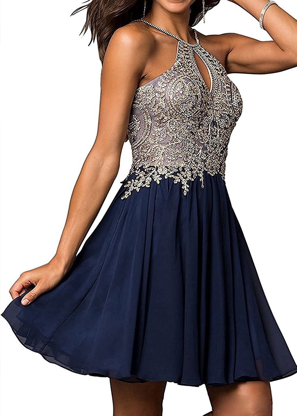 Price:$59.99    DYS Women's Halter Straps Homecoming Dress Short Prom Dress Backless Appliques  Clothing