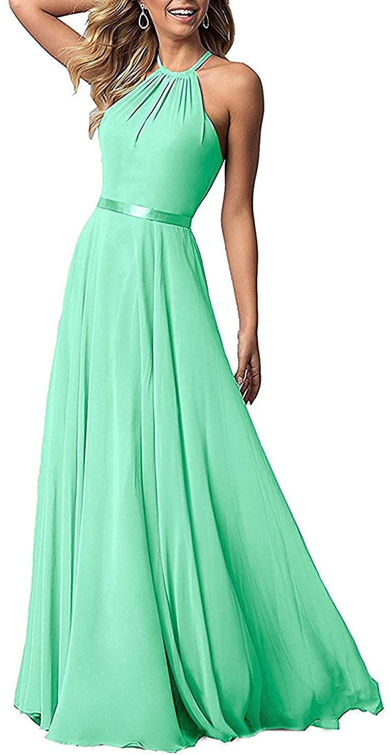 Price:$56.99 DianSheng Halter Bridesmaid Dresses Long A-line Formal Evening Prom Gowns Wedding Guest at Amazon Women’s Clothing store