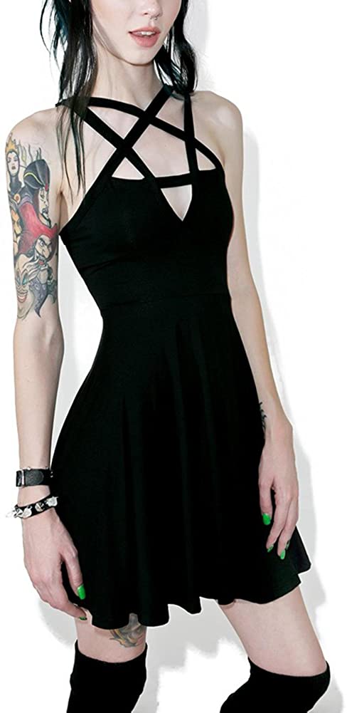 Price:$7.99    Verypoppa Women Vintage Gothic Pentagram Strappy Bandage Swing Dress (XL/US 16-18, Black .)  Clothing