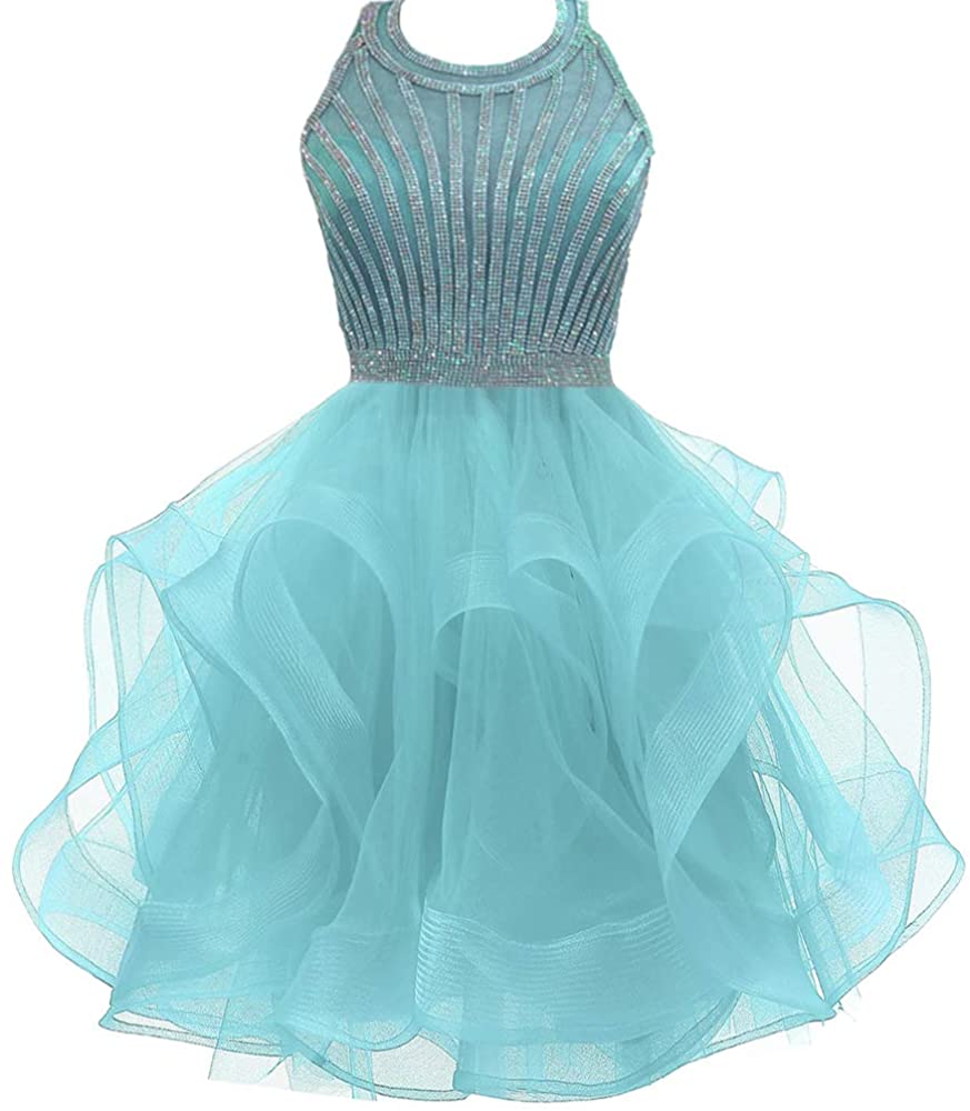 Price:$75.00    Chupeng Women's Halter Homecoming Short Organza Tiered Crystal Beaded 4 Skyblue  Clothing
