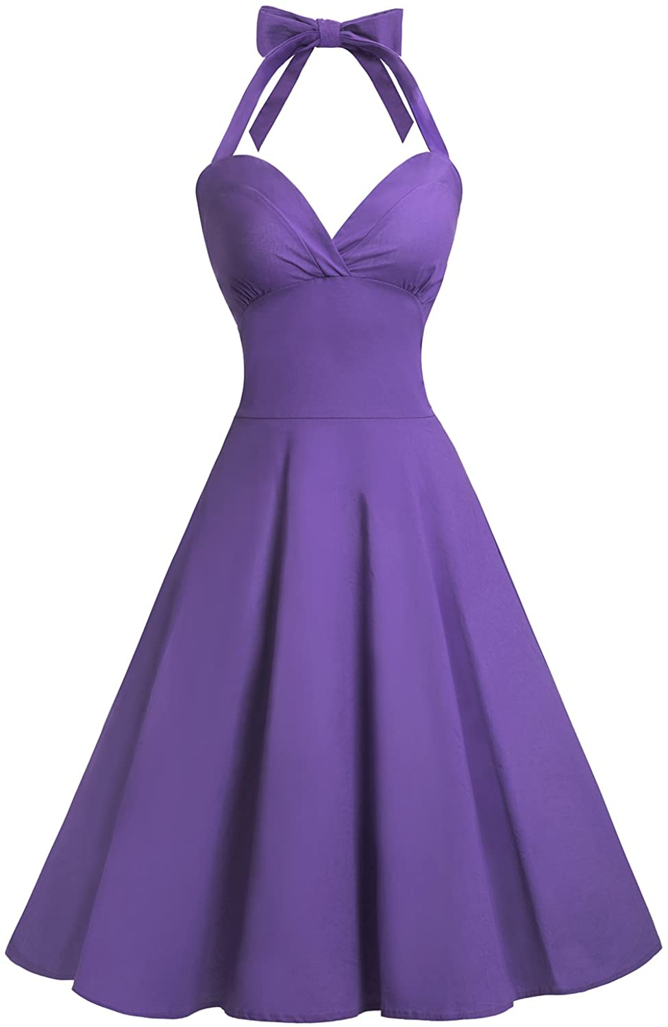 Price:$20.99 MisShow Women 1950s Halter Neck Rockabilly Prom Audrey Dress Retro Cocktail Dress at Amazon Women’s Clothing store