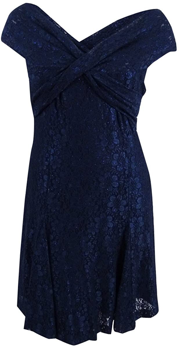 Price:$59.99    Tahari ASL Women's Glitter Lace Off-The-Shoulder Fit & Flare Dress (14, Navy)  Clothing