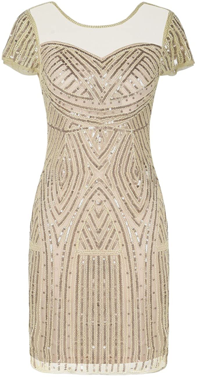 Price:$19.99    kayamiya 1920s Short Prom Dresses Inspired Sequins Cocktail Flapper Dress L Champagne Beige  Clothing