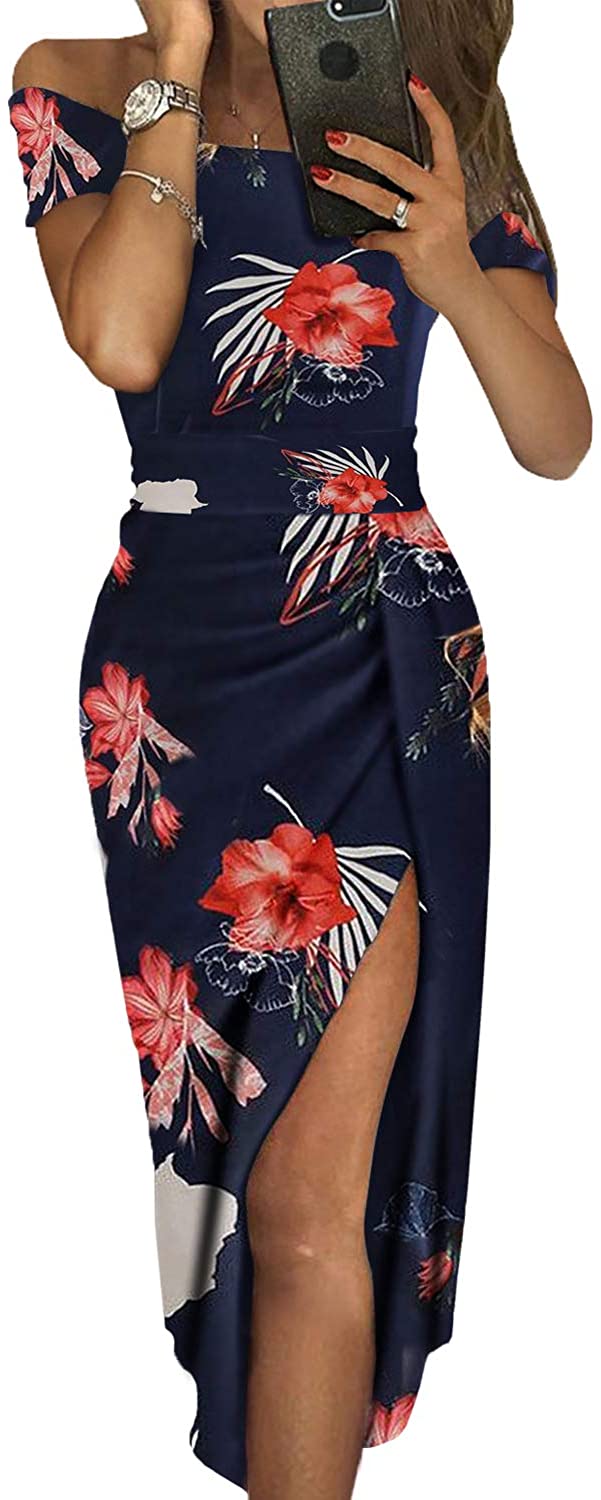 Price:$19.99 Women Semi Formal Dresses -Off The Shoulder Wrap Front Slit Midi Evening Dress Party Wear at Amazon Women’s Clothing store